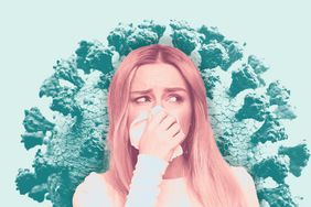 woman blowing nose with covid virus behind her