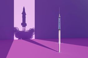 Vaccine Booster Doses , Digital generated image syringe with COVID-19 vaccine standing on purple surface and dropping shadow in shape of taking off rocket. , Covid-19 vaccine syringe , rocket silhouette