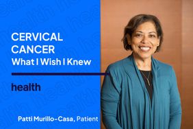 Patti Murillo-Casa stands next to words that say Cervical Cancer What I Wish I Knew