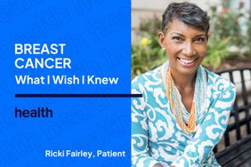 Ricki Fairley sits on a bench with the words Breast Cancer What I Wish I Knew next to her